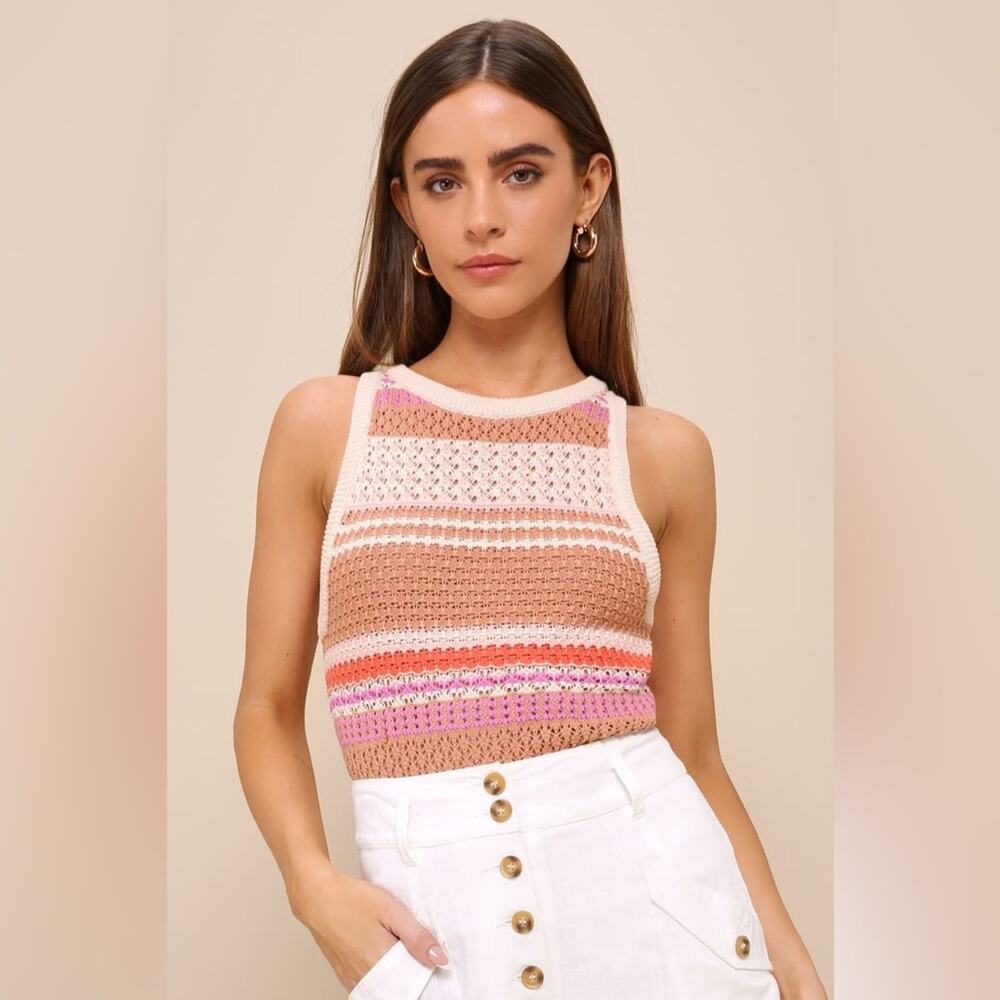 Lulus Exceptional Expression Beige Multi Striped
Sweater Knit Tank Top